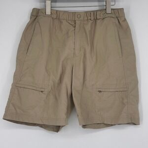 LL Bean Mens Nylon Hiking Cargo Shorts Tan Khaki Elastic Waist Zip Pockets Large